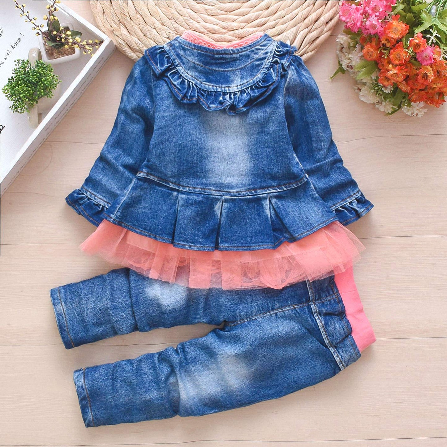 Peacolate 6M-4Years Spring Fall Baby Girls Clothing Set 3Pcs Long Sleeve Dress Denim Jacket And Jeans(Pink,6-12Months)