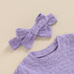Toddler Baby Girls Daisy Chenille Patch Outfit Short Sleeve T-Shirt Shorts Headband 3Pcs Summer Clothes Set (Purple, 0-6 Months)