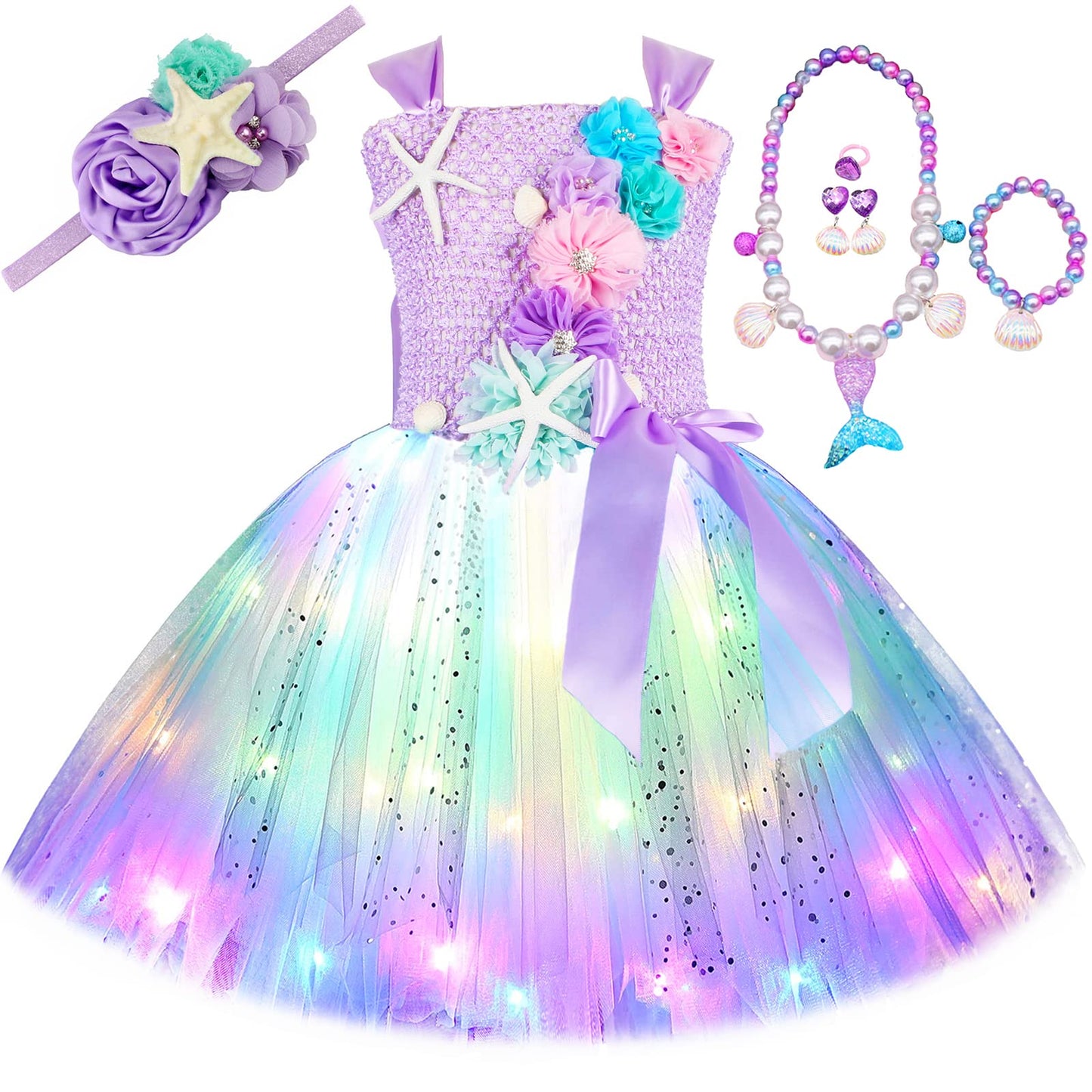 HJTT Mermaid Costume for Girls LED Light Up Princess Tutu Dress Kids Halloween Birthday Party Gift Outfit (LED Lavender, 3-4T)