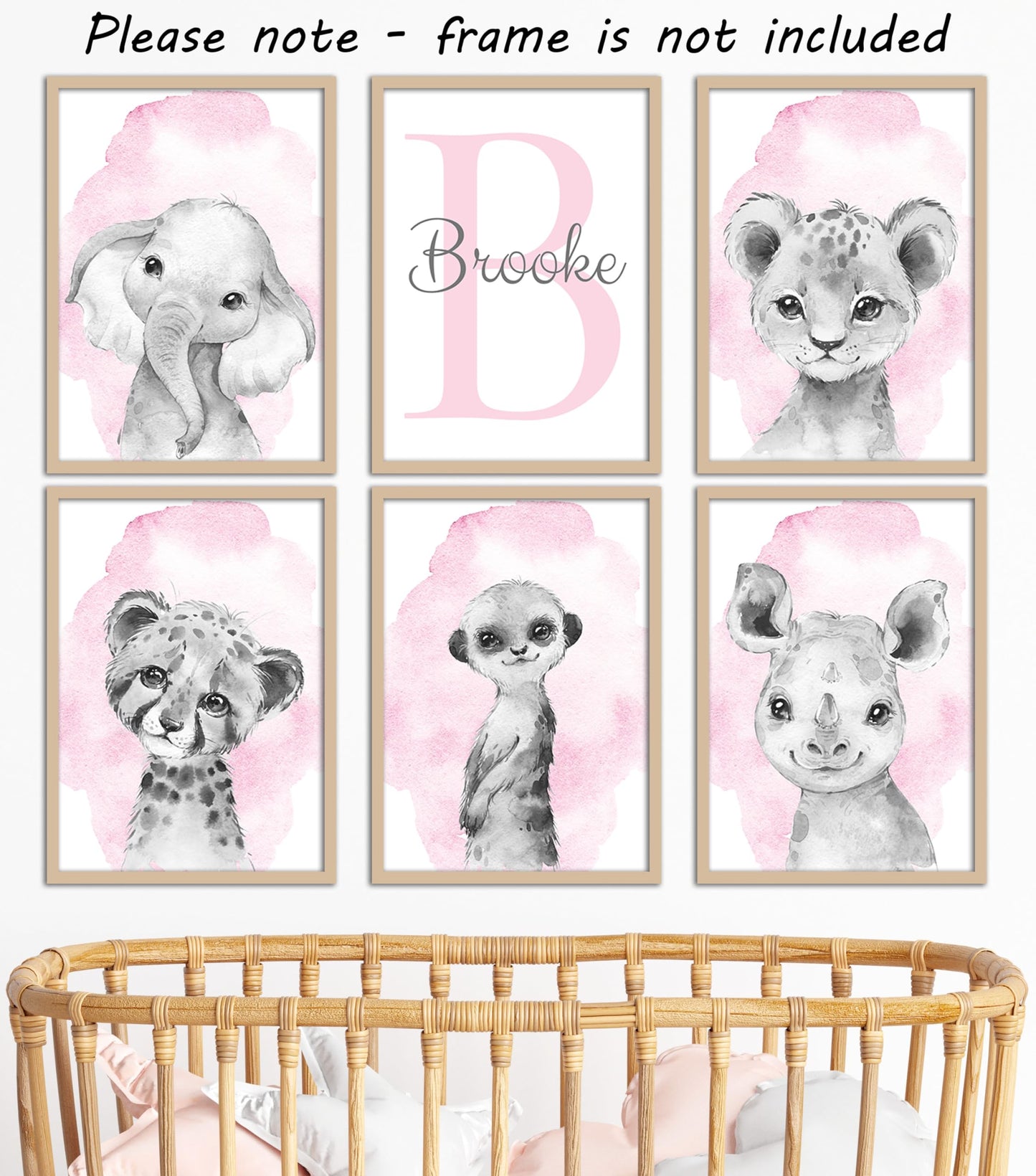 Safari Animals Set Of 6 Unframed Poster Prints For Baby Girls Nursery Bedroom Playroom, Personalized Name, Choice Of 12 Animals,