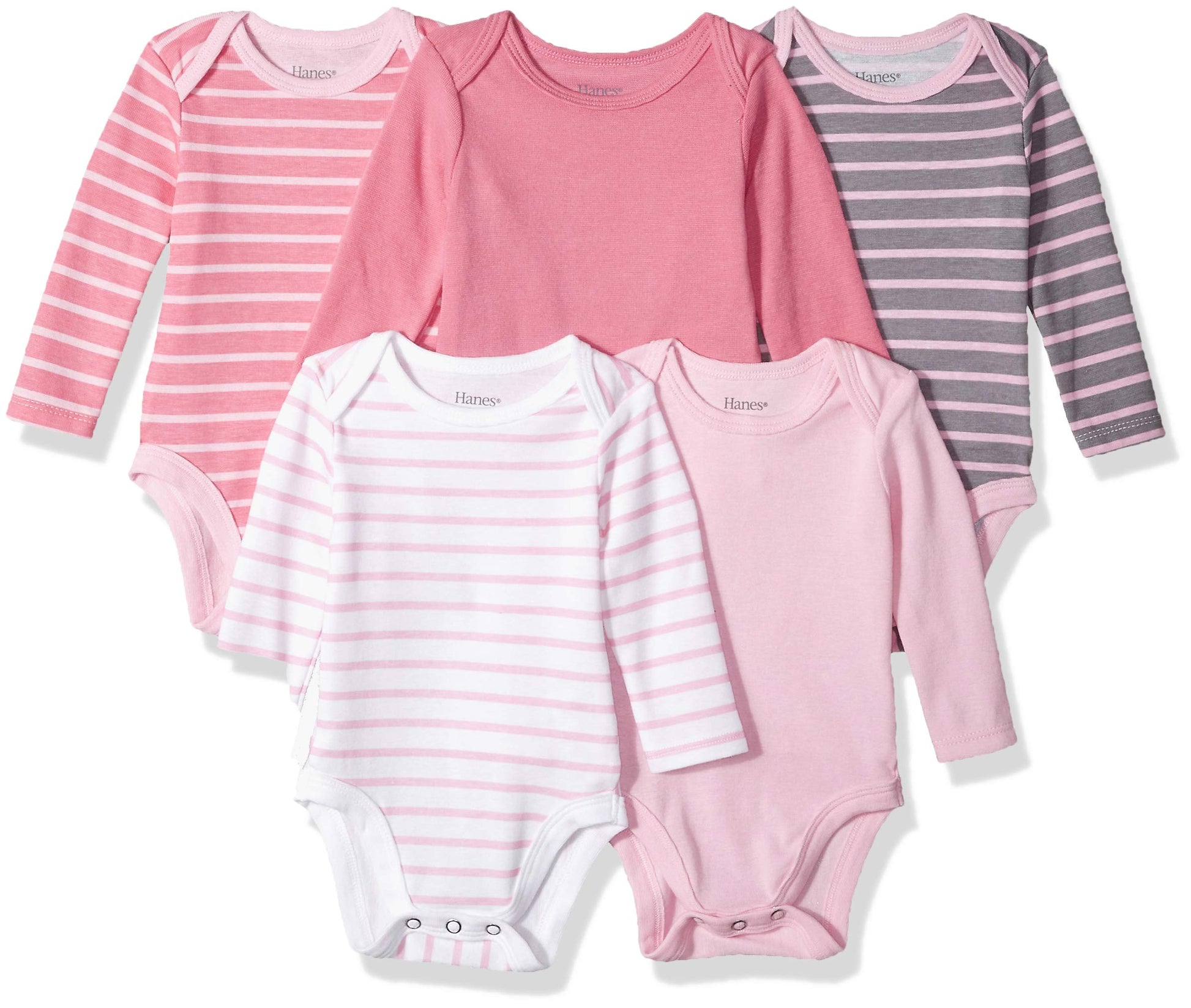 Hanes baby boys Ultimate Flexy 5 Pack Long Sleeve Bodysuits Bodystocking, Pink Stripe, 18-24 Months US