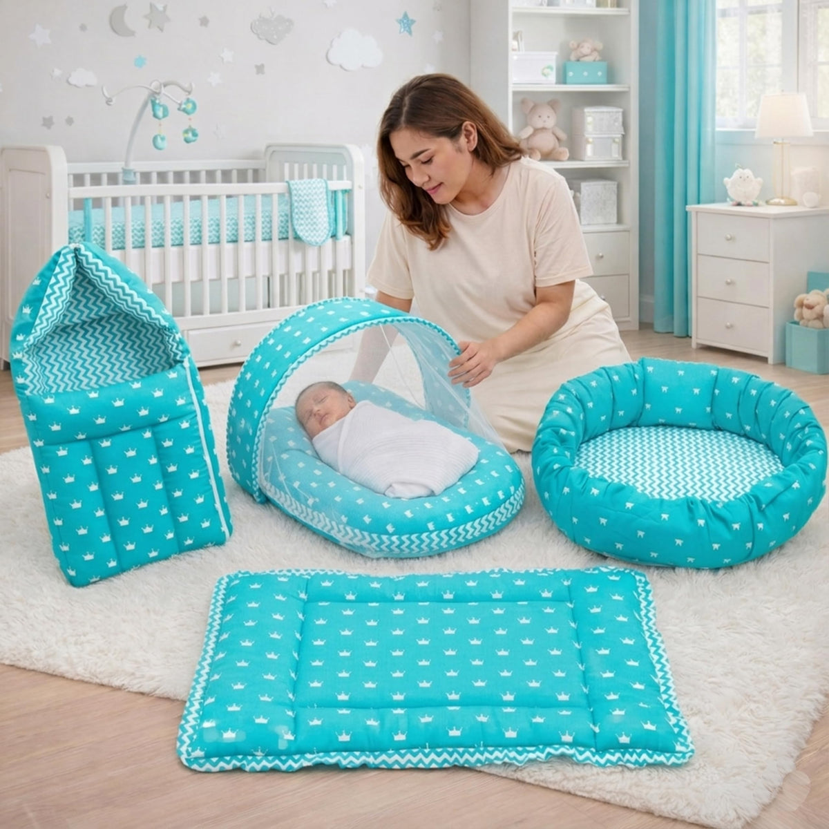 Infantbond Baby Sleeping Essential Reversible Nest | Mattress With Net | Carry Bag(06 Months) (New Star Nest Set Pista Green)