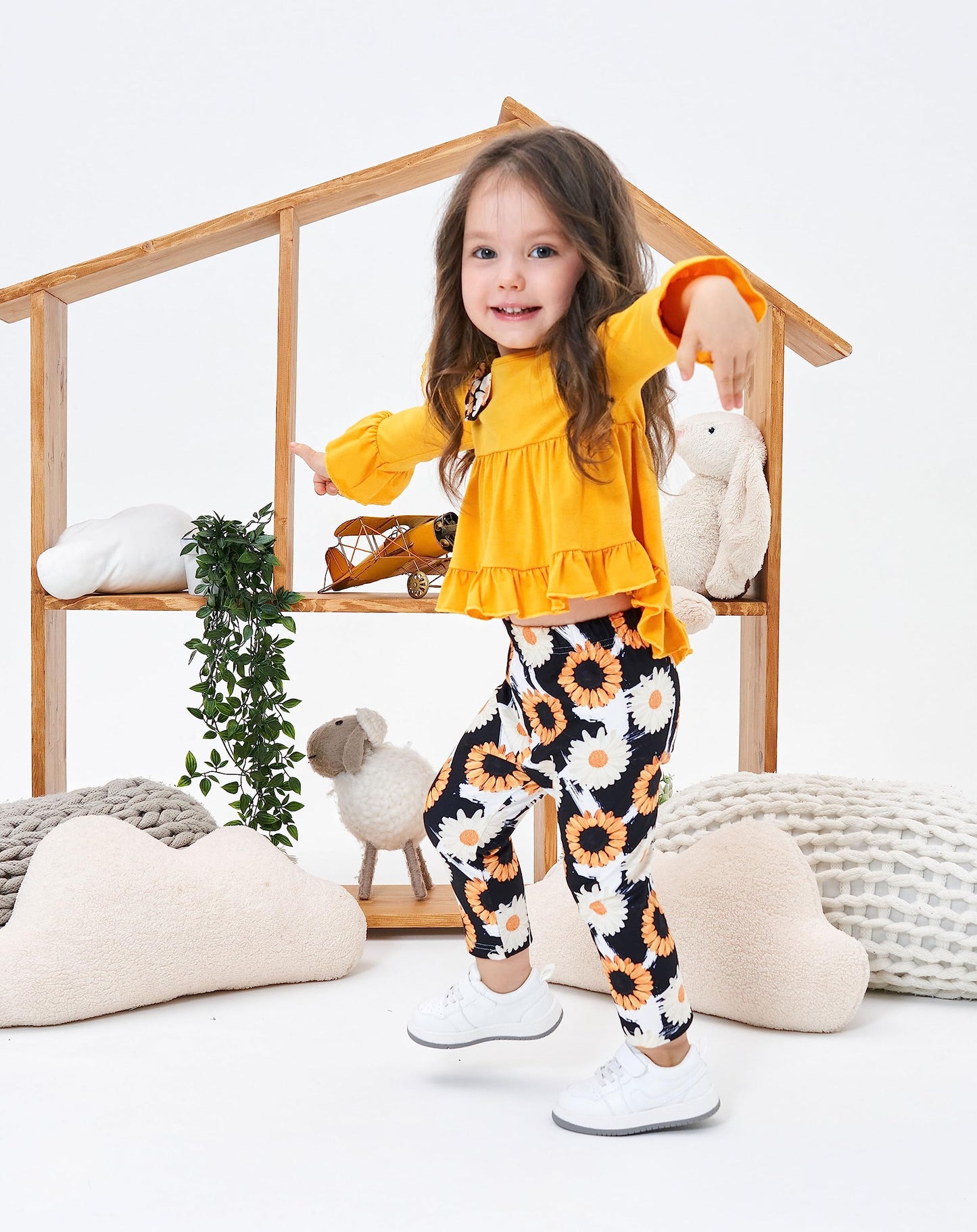 Axumity Kid Girl Clothes Ruffled Long-Sleeve High Low Top With Bowknot + Sunflower Print Pants 2-Piece Winter Spring Girl Outfit