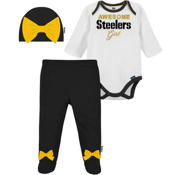 Nfl Pittsburgh Steelers 3 Pack Bodysuit Footed Pant And Cap Registry Gift Set, Black/White Pittsburgh Steelers, 3-6M