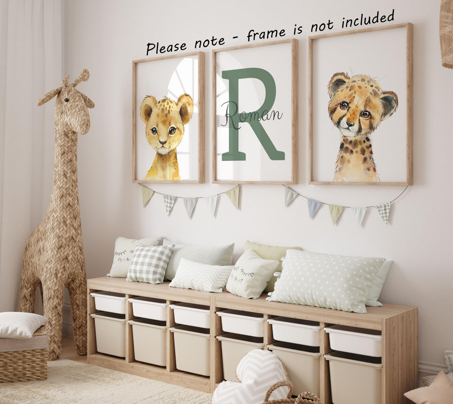 Personalized Safari Animals For Boy Girl Nursery, Set Of 3 Unframed Bedroom Poster Prints, Personalized Name Blue Green Yellow,