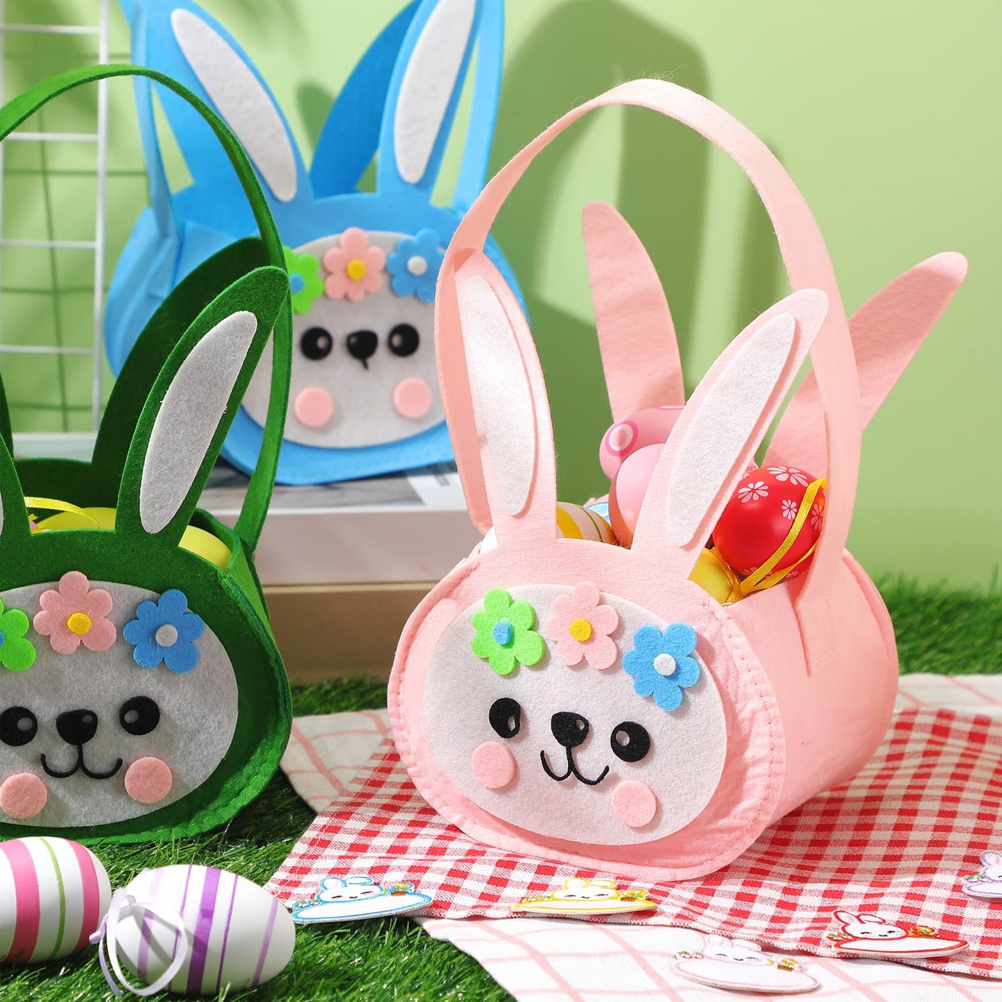 Silifine 12 Pcs Felt Easter Bunny Basket Bag With Name Stickers Set 8' Easter Egg Hunt Bags Bulk For Kids Gift Baskets Rabbit T
