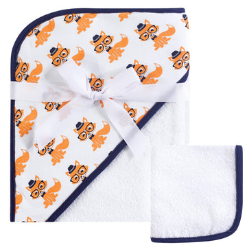 Hudson Baby Unisex Baby Cotton Hooded Towel And Washcloth, Nerdy Fox, One Size