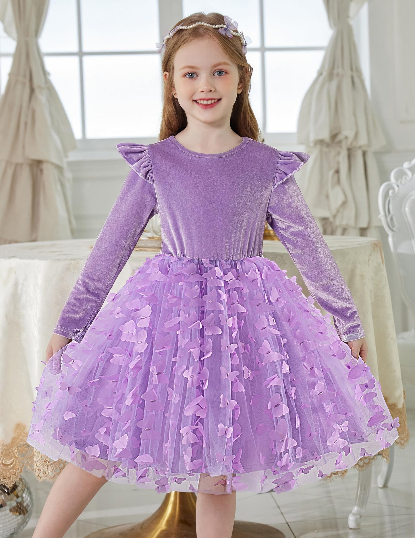 Arshiner Lavender Dress For Girls Velvet Tulle Tutu Long Sleeve Birthday Outfit Butterfly Size 7