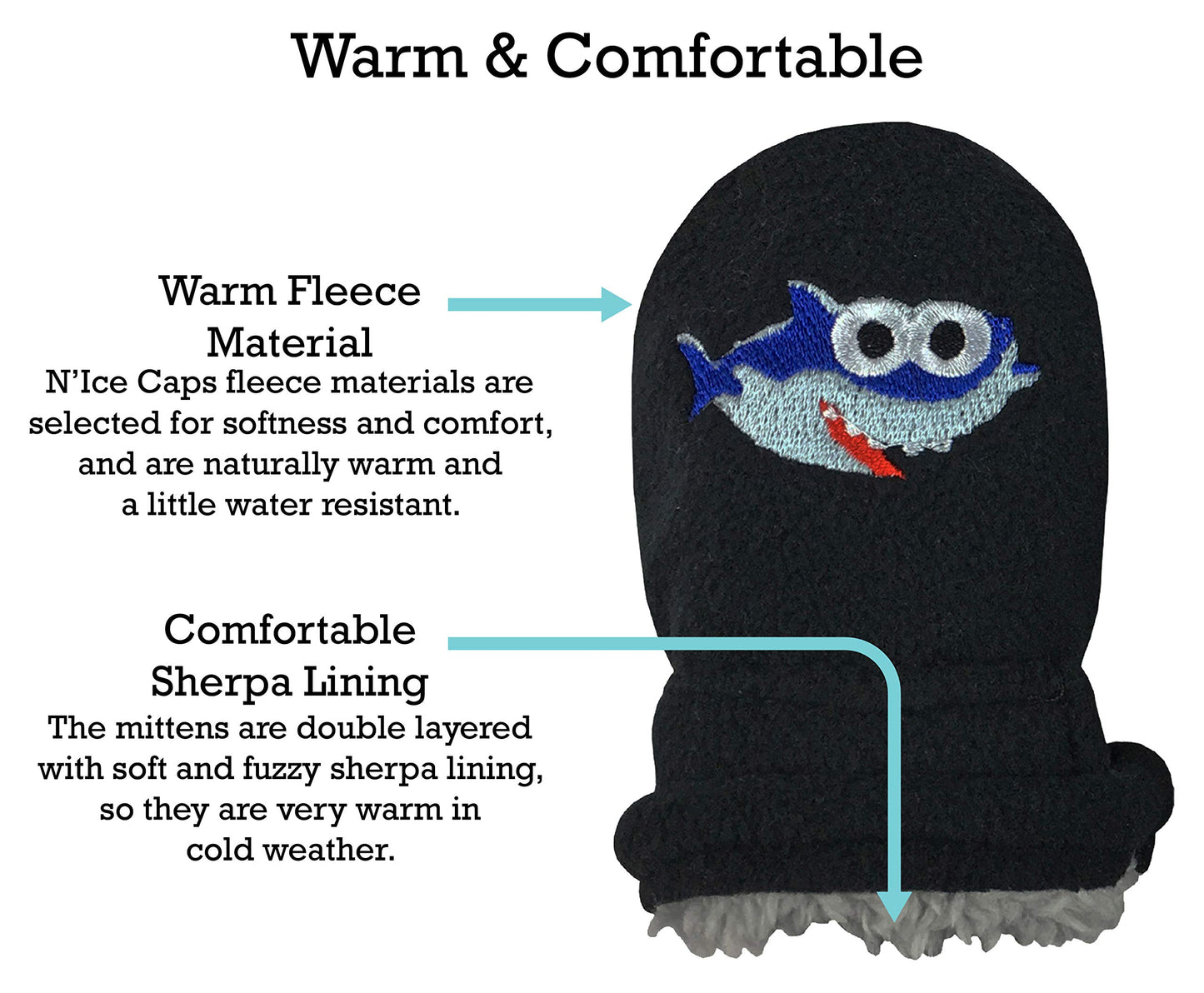 N'Ice Caps Baby Toddler Mittens Kids 2 Pairs Fleece Gloves Winter Warm Sherpa Lined (Black Sharks/Navy Sharks - Infant No Thumbs