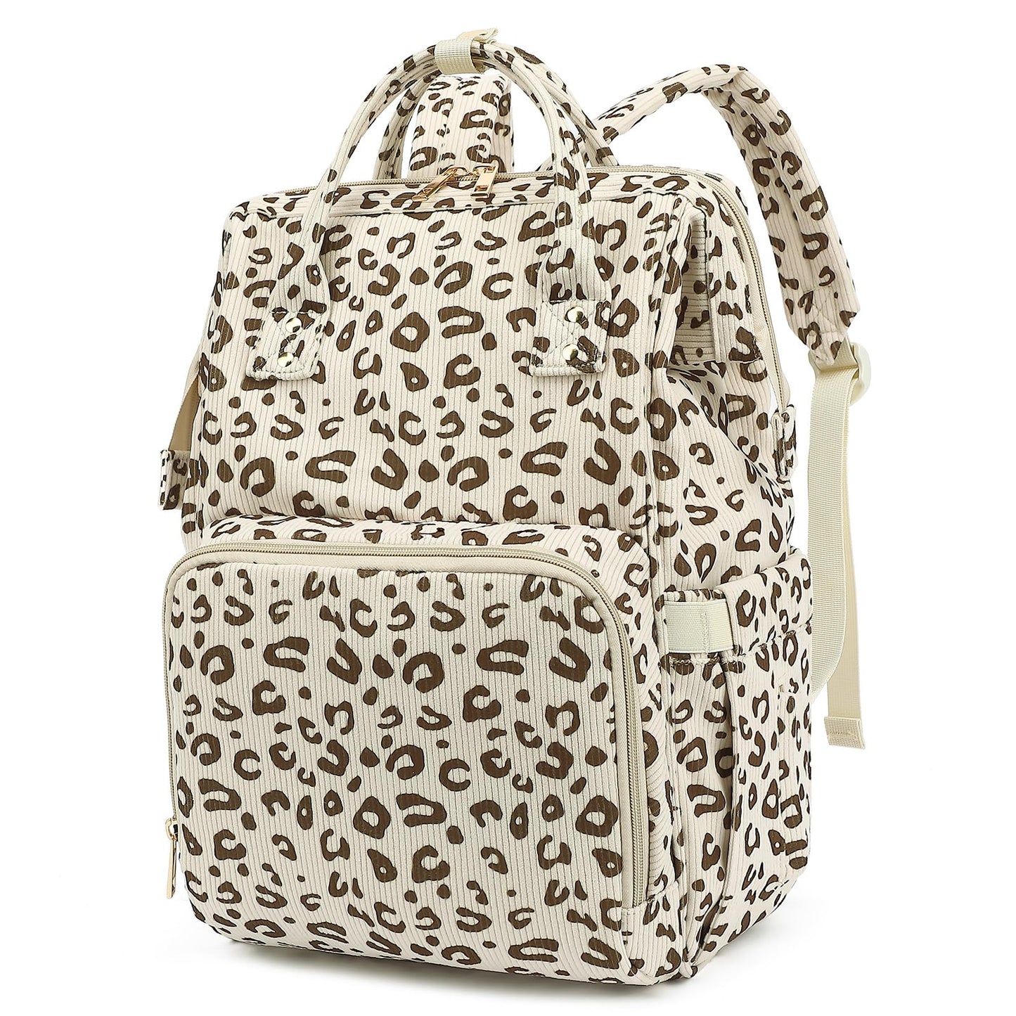 Yusudan Corduroy Diaper Bag Backpack for Baby Girls Boys, Women Large Nappy Bags for Mom (Beige Corduroy Leopard)
