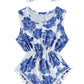 Ahegao Toddlers Rompers For Infant Girls Cute Blue And White Flower Bodysuits Crewneck Buttons Snap Design Jumpsuits With Tassel