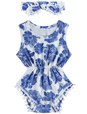 Ahegao Toddlers Rompers For Infant Girls Cute Blue And White Flower Bodysuits Crewneck Buttons Snap Design Jumpsuits With Tassel