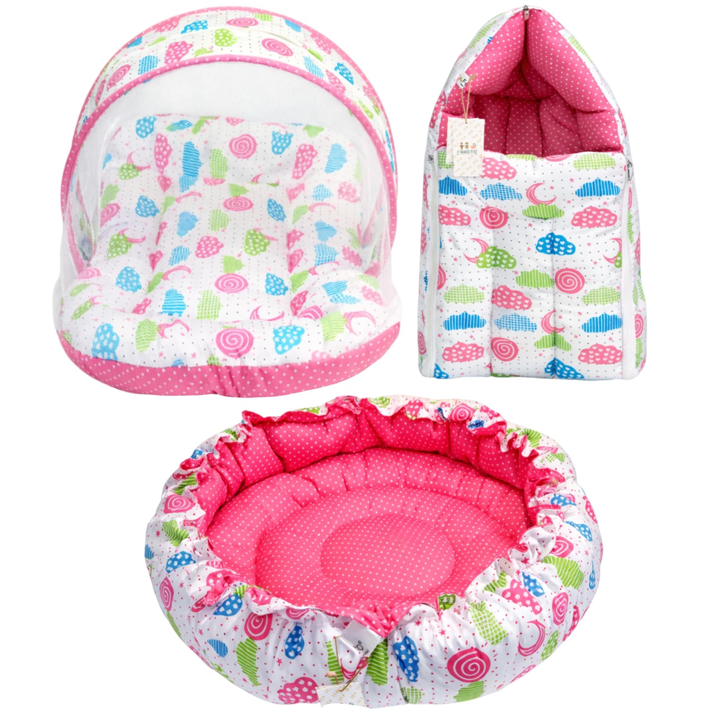 Infantbond Baby Sleeping Essential Reversible Nest | Mattress With Net | Carry Bag(06 Months) (Nest Set Peach Sprial)