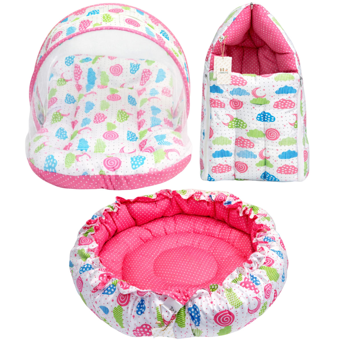 Infantbond Baby Sleeping Essential Reversible Nest | Mattress With Net | Carry Bag(06 Months) (Nest Set Peach Sprial)