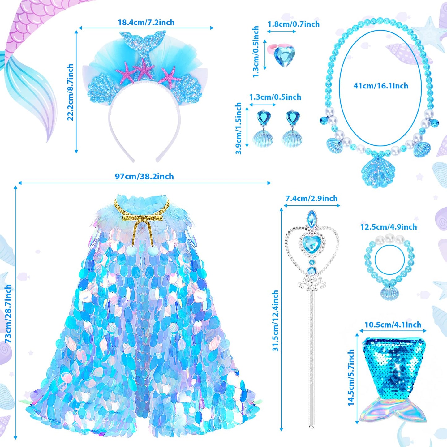 Limiroler Princess Dress Up Toys Princess Dress Up Clothes Rainbow Mermaid Cape Kit 9 Pcs Gift Set For Little Girls 3-8 Years Ol