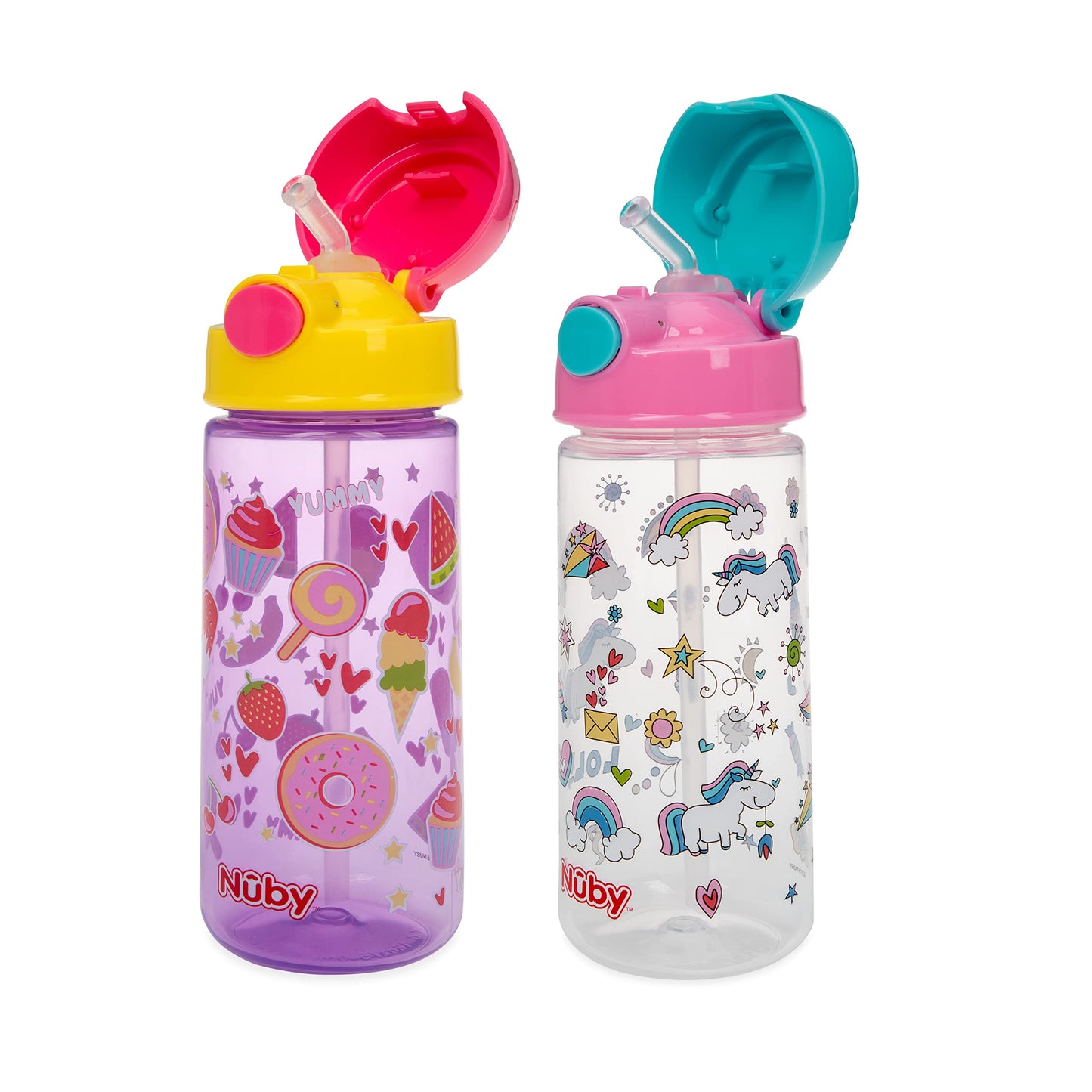 Nuby 2-Pack Kids Printed Flip-It Active Water Bottle With Push Button Cap And Soft Straw - 18Oz / 540Ml, 18+ Months, 2-Pack, Pri