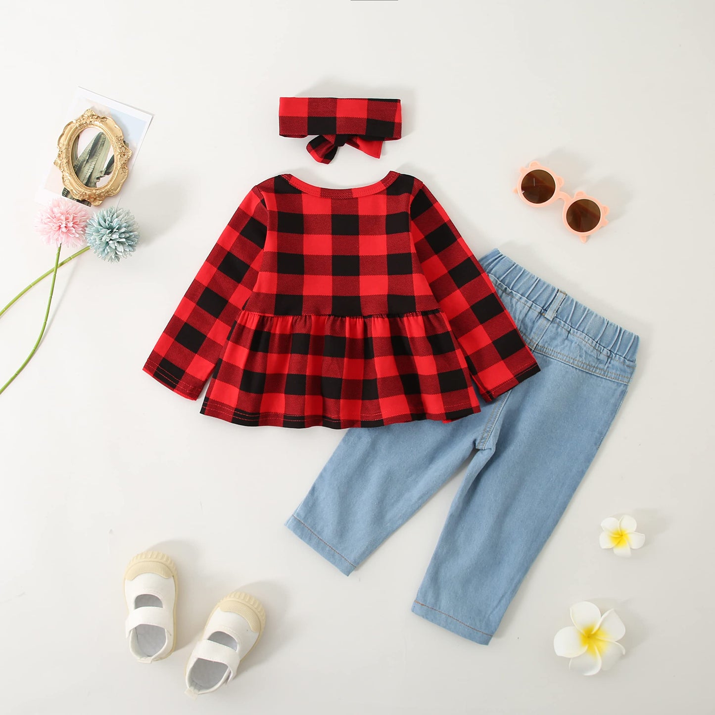 Caretoo Girls Clothes Christmas Outfits, Cute Baby Girl Floral Long Sleeve Pant Set Flower Ruffle Top Red Plaid