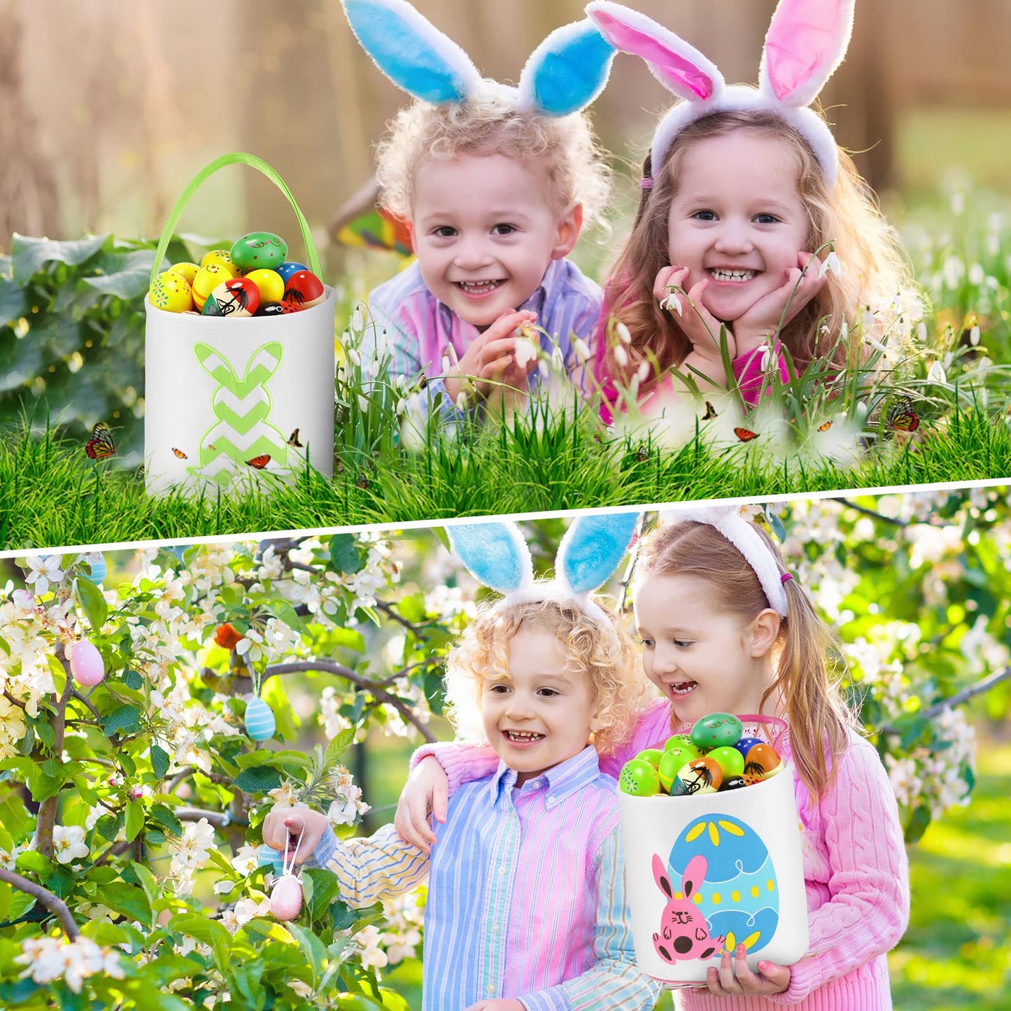 4 Pcs Easter Bunny Basket For Kids Easter Basket Bags Fluffy Tails Printed Rabbit Canvas Toys Bucket Tote Easter Tote Bag With H