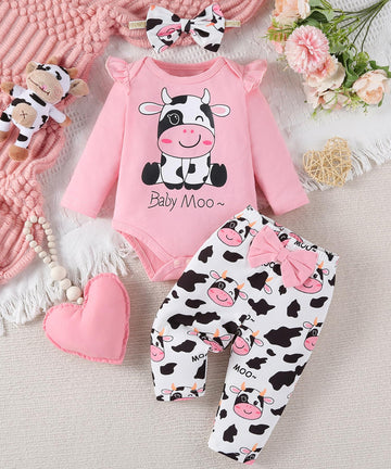 Fullfamous Baby Girl Clothes Gifts Outfits,Fall Winter Long Sleeve Romper And Pant Set Light Pink Cow 18-24 Months