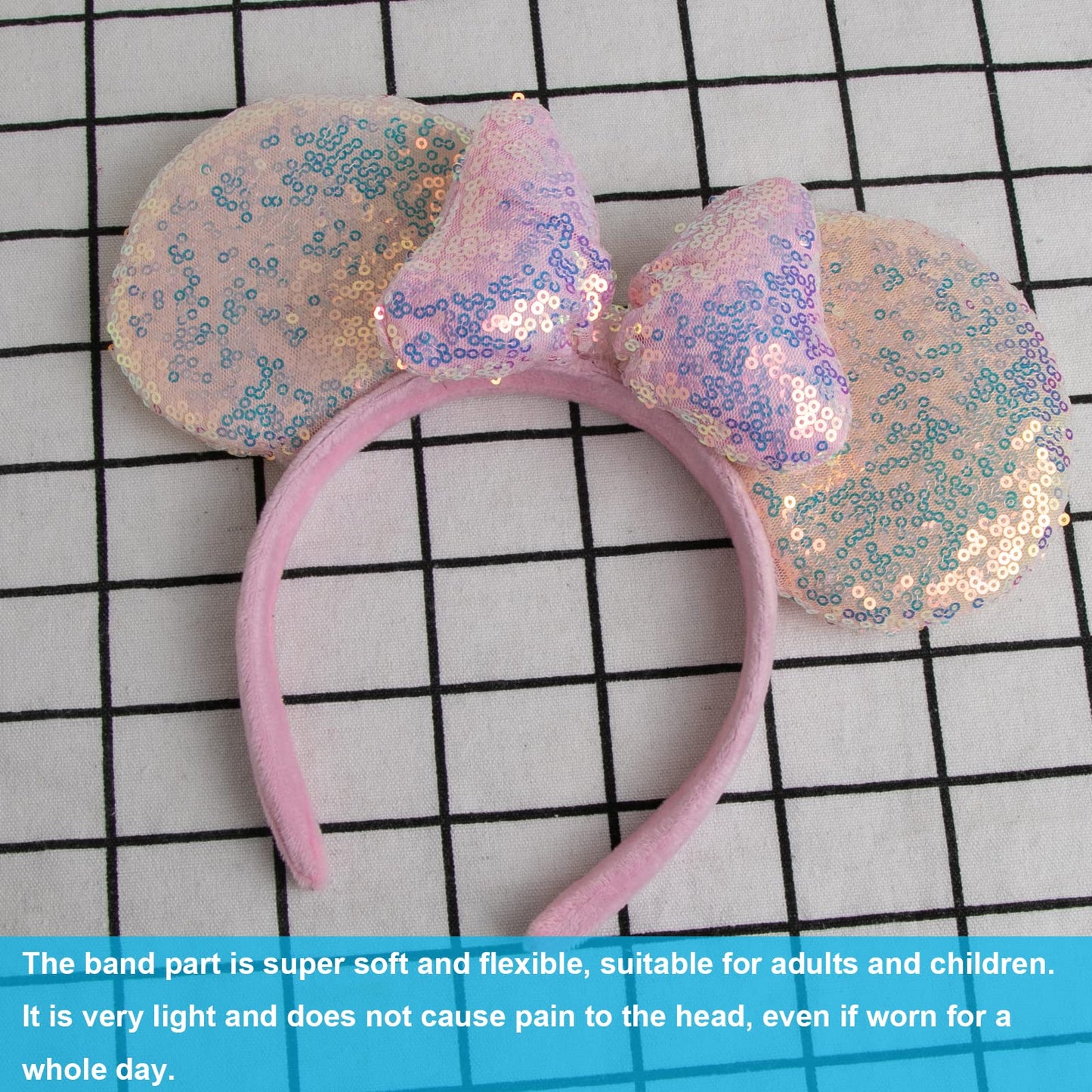 Chuangqi 1Pcs Mouse Ears Shiny Headband With 3D Bow, Double-Sided Sequin Hair Band For Birthday Party Or Amusement Park (Pink Ea