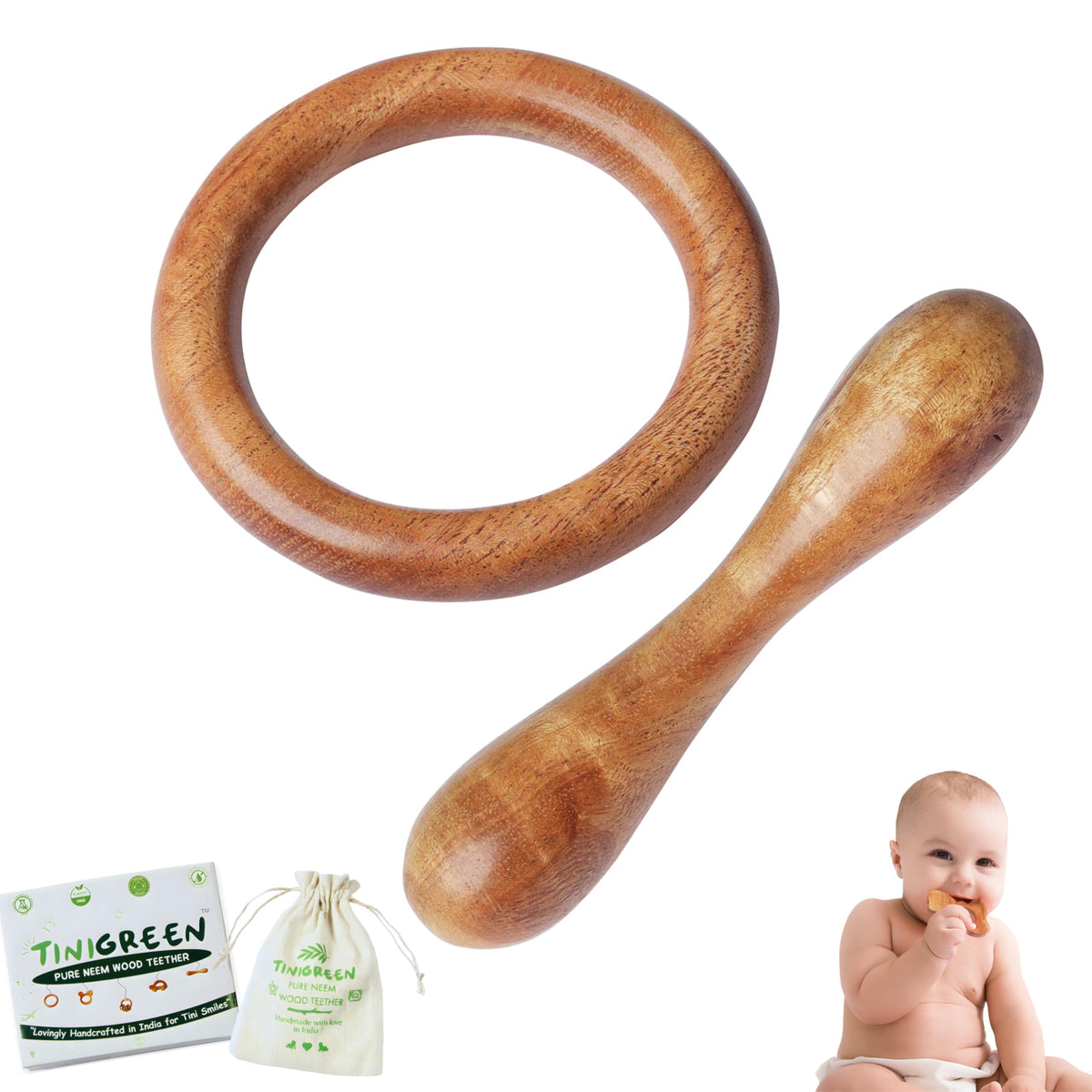 Tinigreen Wooden Ring Dumbbell Shaped Teethers | HandCrafted With Organic Neem Wood That Helps Boost Immunity | Pack Of 2