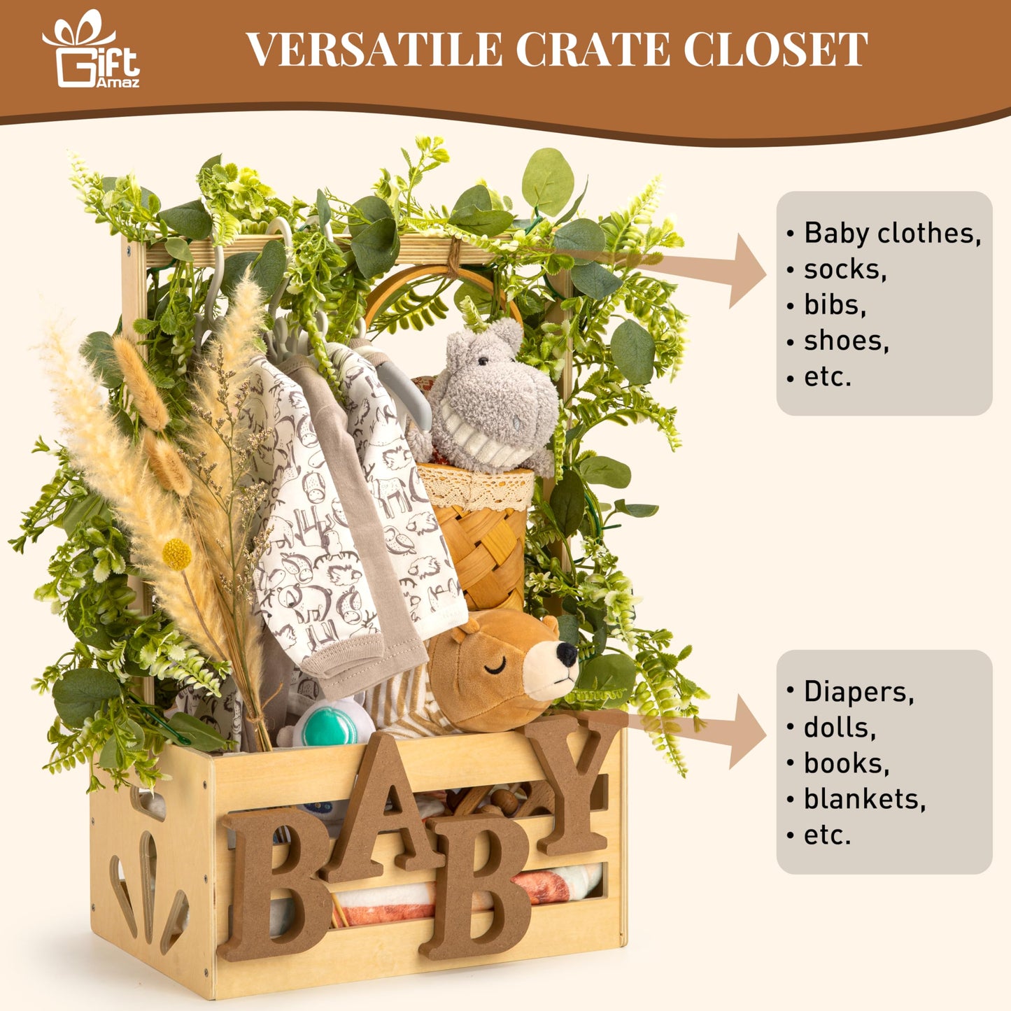 Giftamaz Wooden Baby Shower Crate Closet, Baby Storage Crate With Handle, Basket For Baby Shower Gifts, Welcome Gift Basket For