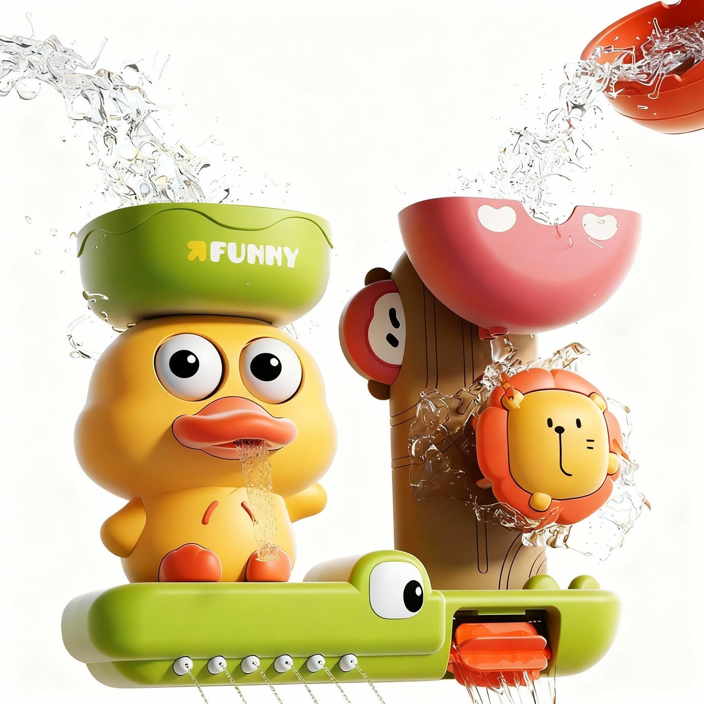 GeeKiPrime Baby Bath Toys with Scoop Suction Cup, Interactive Duck Lion Bathtub Toy for Toddlers 1-3, Infant Fun Shower Gift for