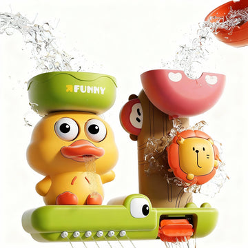 GeeKiPrime Baby Bath Toys with Scoop Suction Cup, Interactive Duck Lion Bathtub Toy for Toddlers 1-3, Infant Fun Shower Gift for