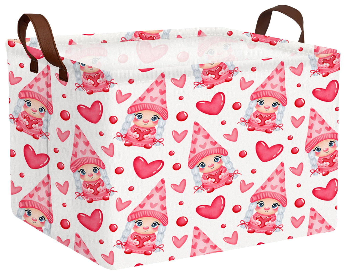 BOOHIT Valentines Day Basket for Kids Heart Shaped Empty Storage Bins for Gifts with Handles Room Decor (Pink Girl Gnome Hug Lov