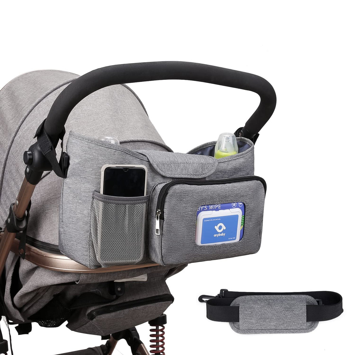 Baby Diaper Bag Stroller Organizer with Insulated Cup Holder& Shoulder Strap Stroller Storage Pouch for Outdoor