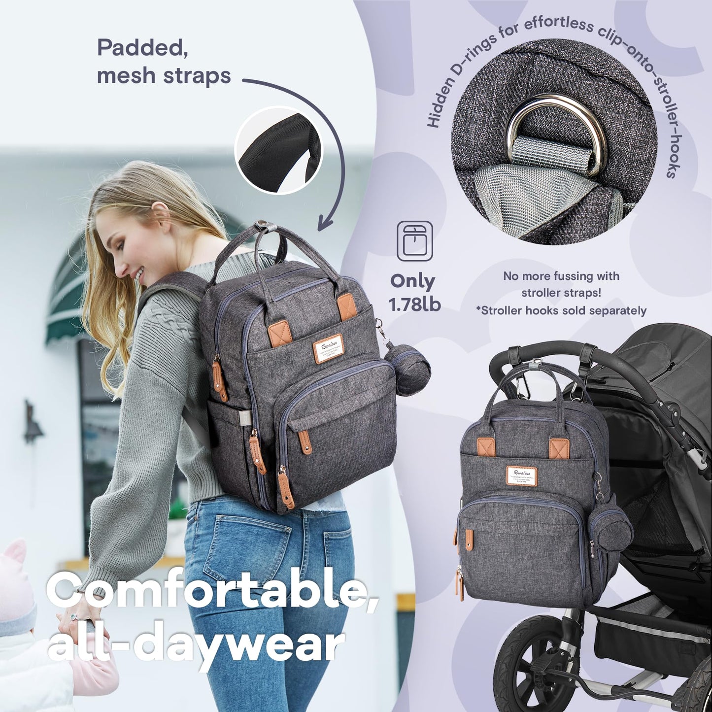 Ruvalino Diaper Bag Backpack - Multifunction Waterproof Travel Backpack, Baby Bag With Changing Pad & Stroller D-Ring & Pacifier