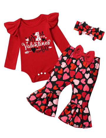 Adifun Baby Girl Valentines Day Outfit 9-12 Months My First Valentines Day Valentines Day Outfit For Baby Girl Romper + Bell Pan