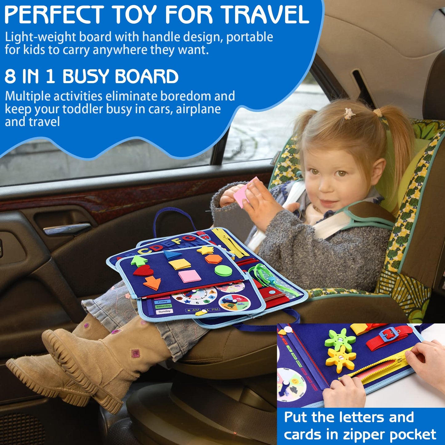 Esjay Toddler Busy Board Montessori Toys for 1 2 3 4 Year Old, Sensory Board with Buckles Educational Activities for Learning Fi