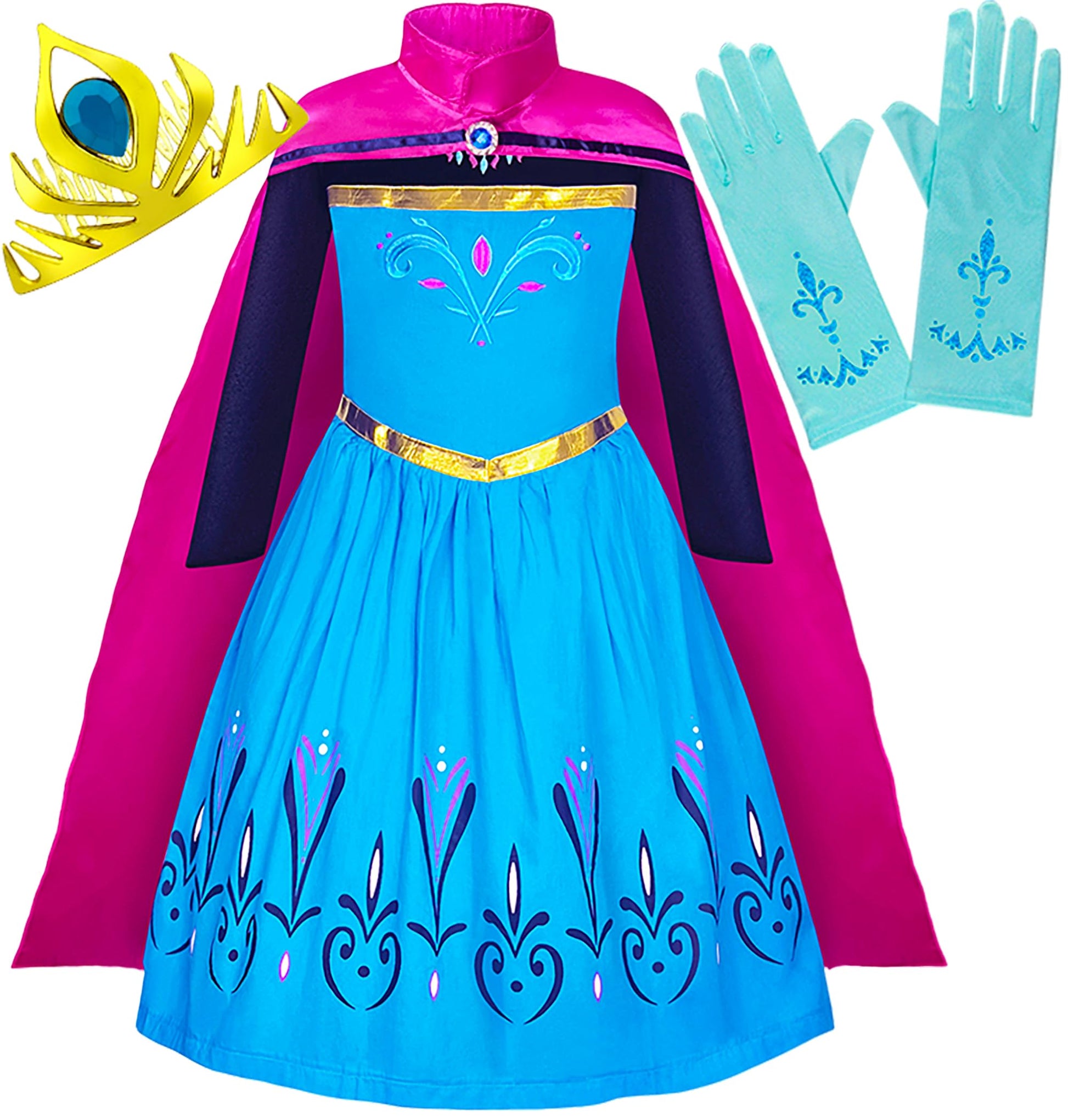 Cokos Box Girls Princess Coronation Dress Costume Cape Gloves Tiara Crown Accessories Kids Set, Blue, 8 Years