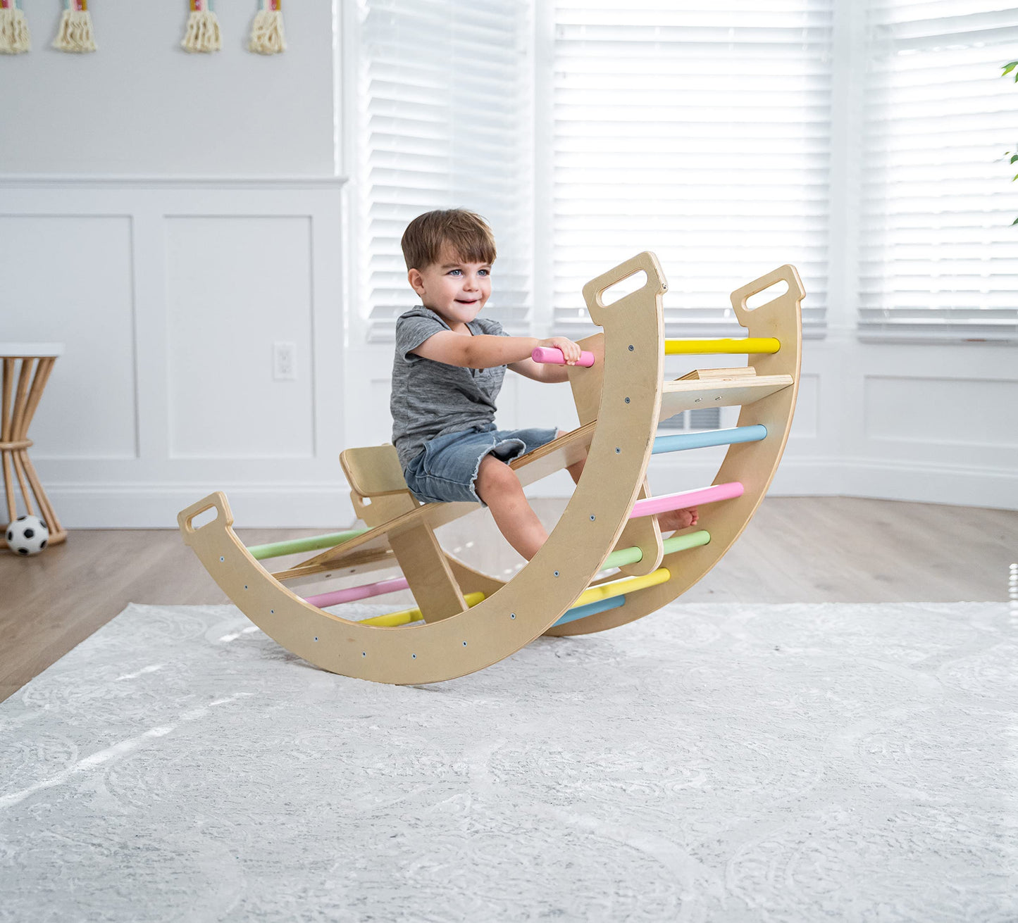 Avenlur Bailis Ultimate 3-In-1 Playset For Kids - Seesaw, Climbing Arch And Rocker - Waldorf And Montessori Climbing Toy For Chi