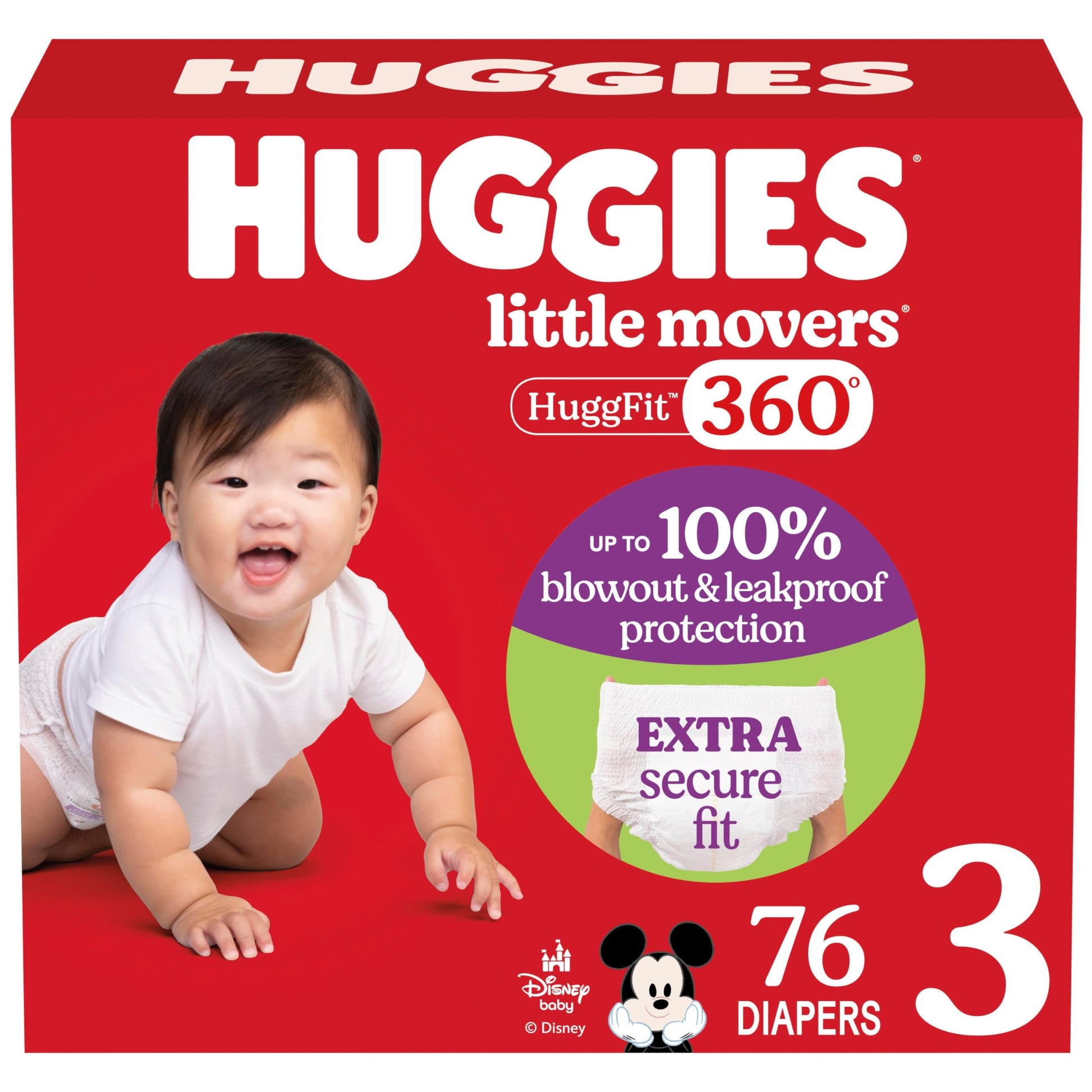 Huggies Size 3 Baby Diapers, Little Movers HuggFit 360 Baby Diapers with 360 Waistband, Size 3 (16-28 lbs), 76 Count, Packaging 