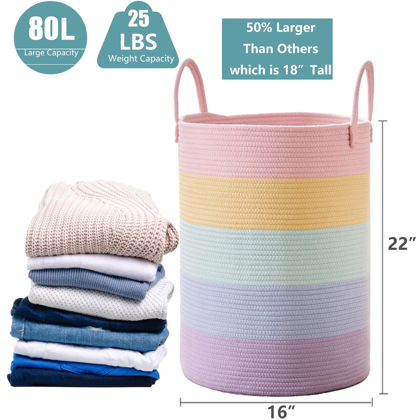 Mojoscend 80L Extra Large Rainbow Baby Girls Hamper Laundry Basket For Kids Nursery Pastel Tall Blanket Basket For Toy Woven Rop