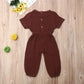 Mubineo Toddler Baby Girl Summer Fall Basic Plain Short Sleeve Cotton Linen Drawstring Romper Jumpsuit (Coffee, 12-18 Months)