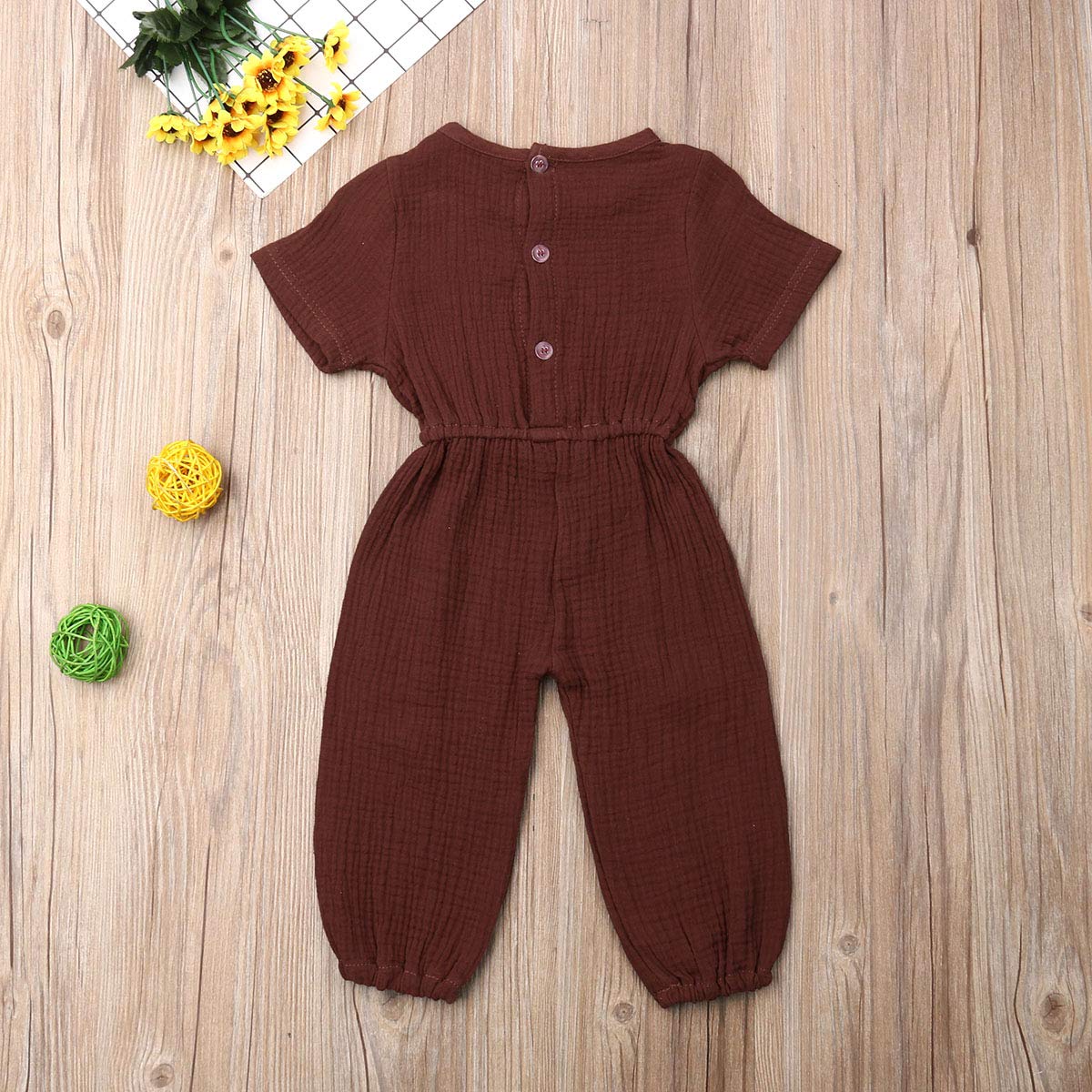 Mubineo Toddler Baby Girl Summer Fall Basic Plain Short Sleeve Cotton Linen Drawstring Romper Jumpsuit (Coffee, 4-5T)