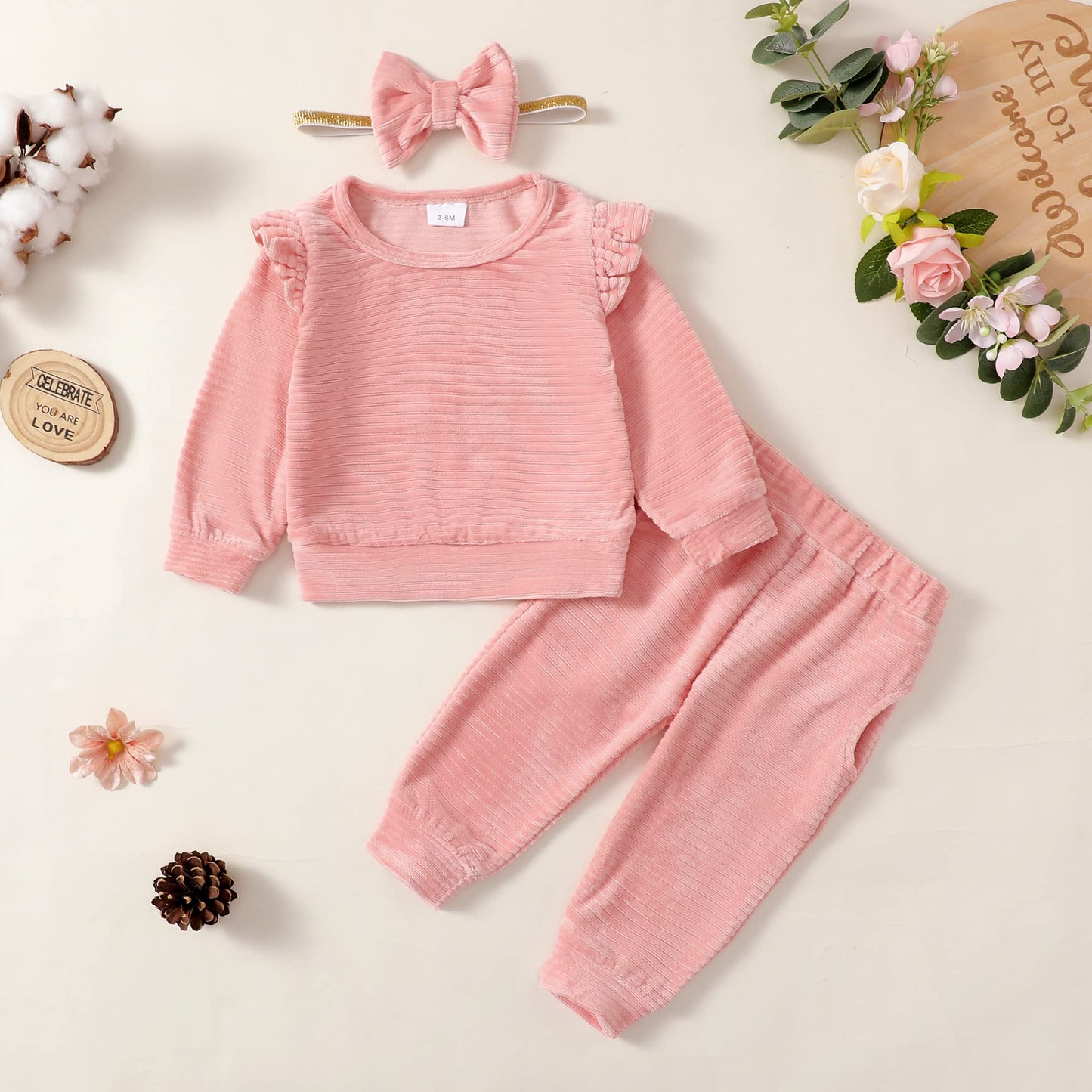 Mioglrie Infant Baby Girl Clothes Top Pants Outfits Set Ruffle Baby Girl Outfits Baby Girls' Clothing Baby Pink 6 To 12 Months B