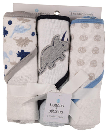 Cudlie Buttons And Stitches Baby Boys 3 Pack Infant Hooded Towel, Triceratops Prints (Gs71365)