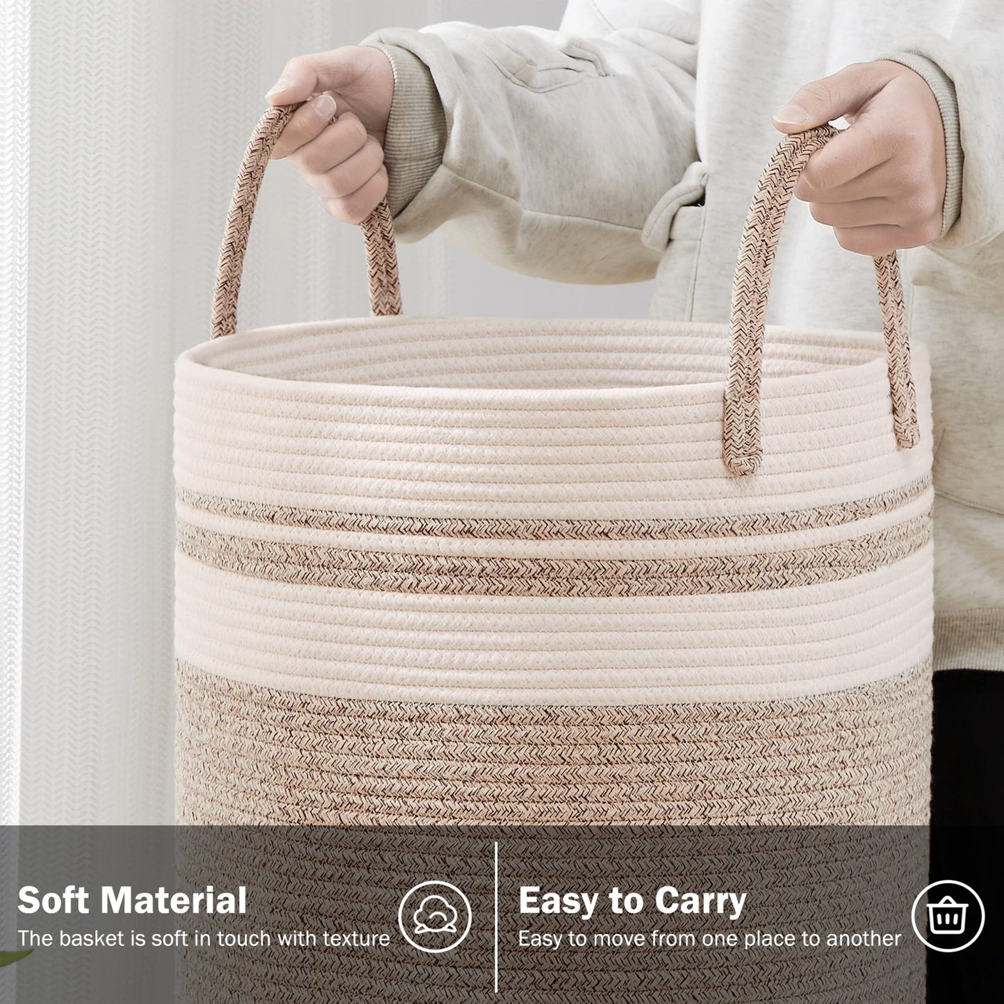 Youdenova Woven Rope Laundry Hamper Basket, 100L Tall Laundry Basket, Baby Nursery Hamper For Blanket Storage, Clothes Hamper Fo