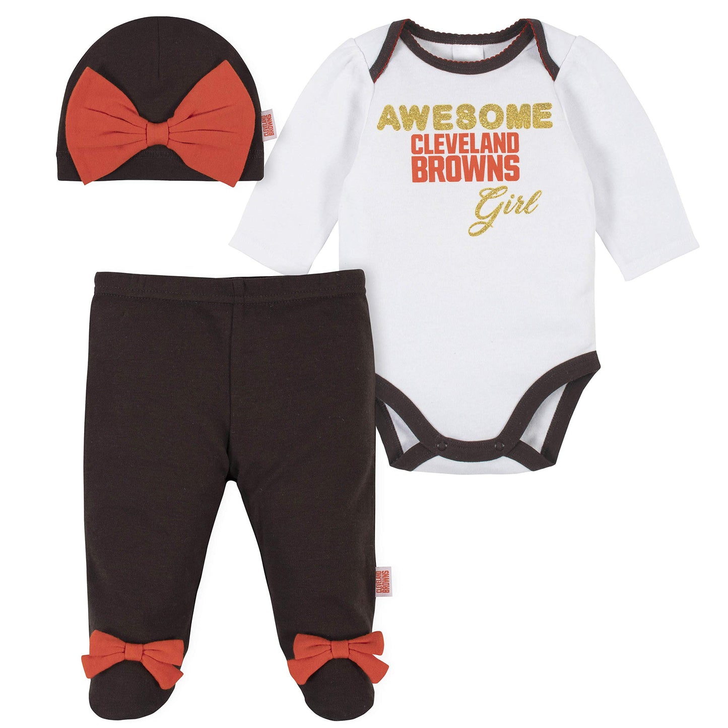 Nfl Cleveland Browns 3 Pack Bodysuit Footed Pant And Cap Registry Gift Set, Brownwhite Cleveland Browns, 0-3M