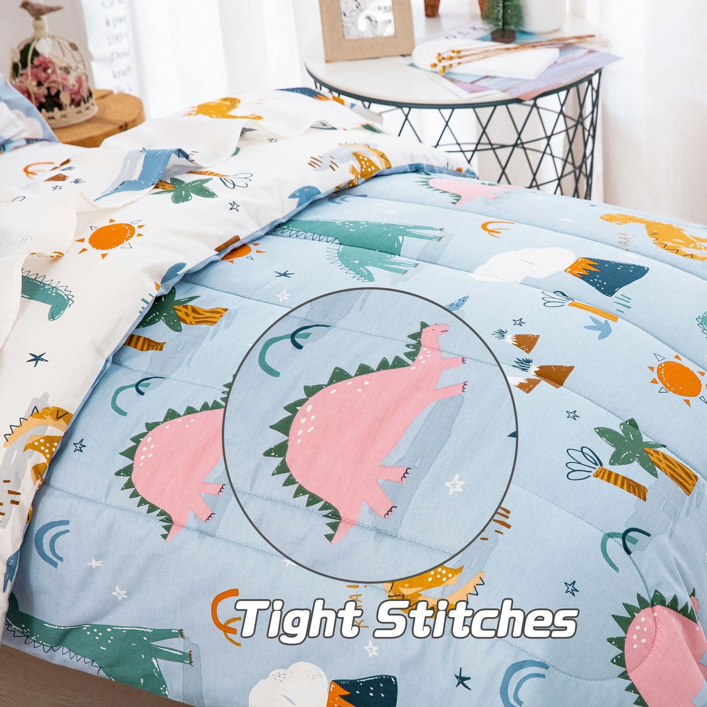Djy 4 Pieces Cotton Toddler Bedding Set, Dinosaur Toddler Bed Comforter Set For Boys Girls, Includes Blue White Reversible Comfo