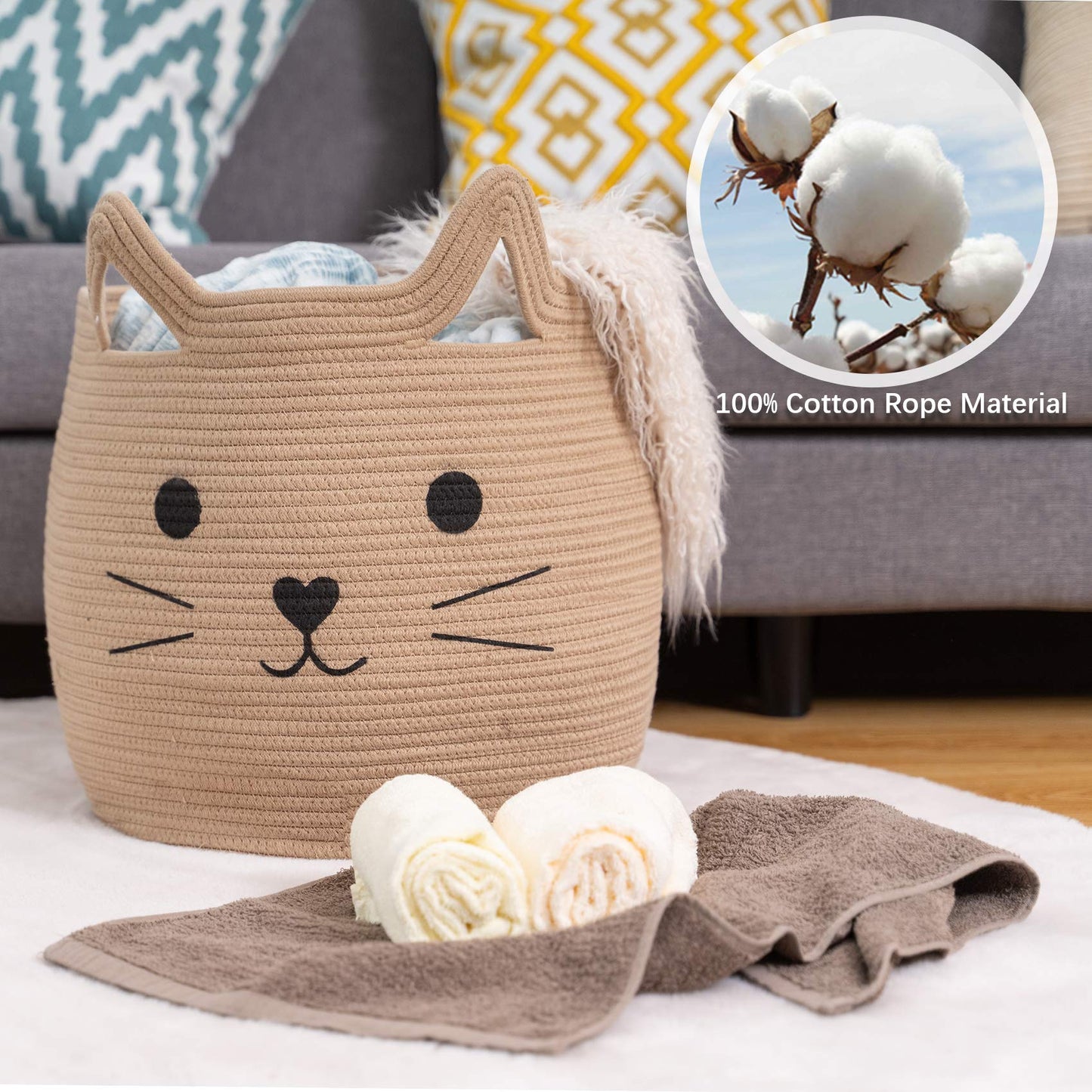 Vk Vkliving Animal Baskets Large Woven Cotton Rope Storage Basket With Cute Cat Design Animal Laundry Basket Organizer For Towel