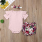 Newborn Baby Girls Cotton Short Sleeve Ruffle Bodysuit And Floral Shorts Headband Outfit Summer Clothes Set (3-6 Months, Pink+Pu
