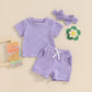 Toddler Baby Girls Daisy Chenille Patch Outfit Short Sleeve T-Shirt Shorts Headband 3Pcs Summer Clothes Set (Purple, 0-6 Months)