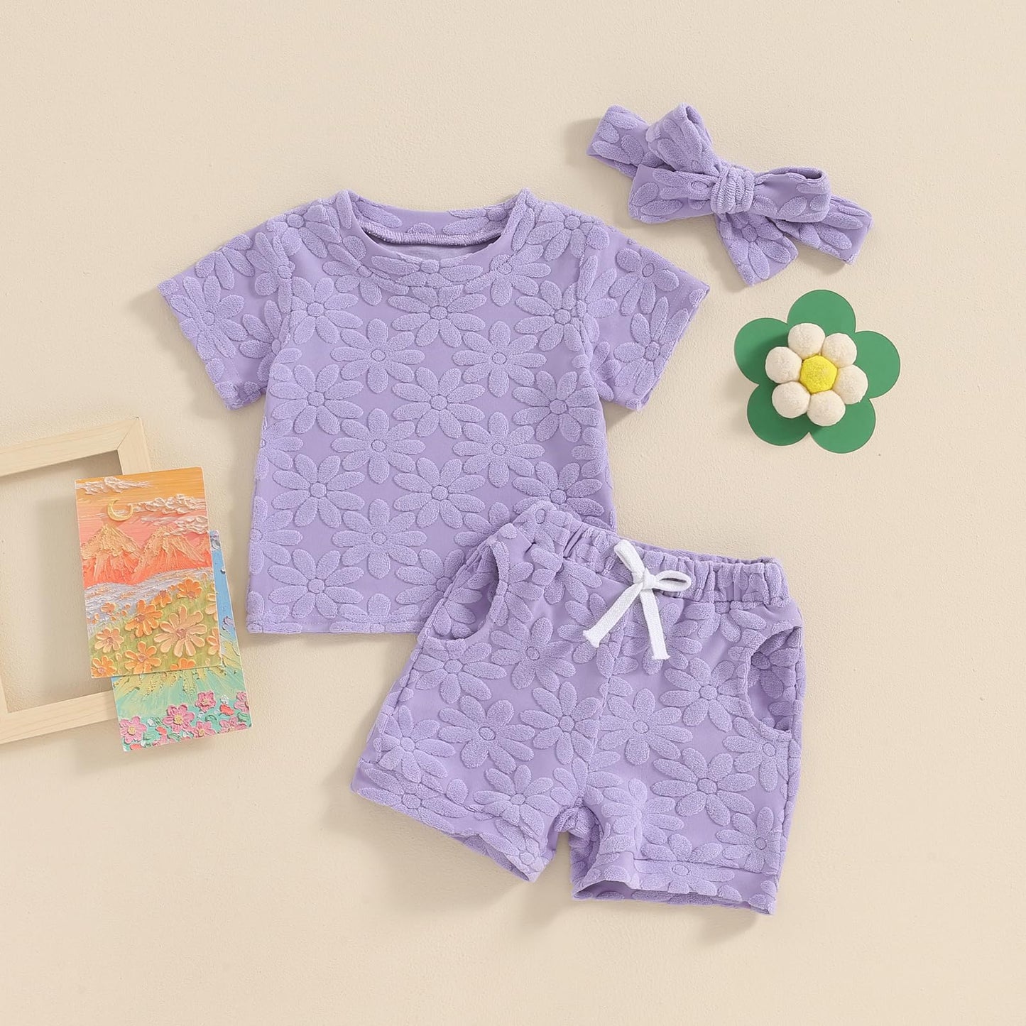 Toddler Baby Girls Daisy Chenille Patch Outfit Short Sleeve T-Shirt Shorts Headband 3Pcs Summer Clothes Set (Purple, 18-24 Month