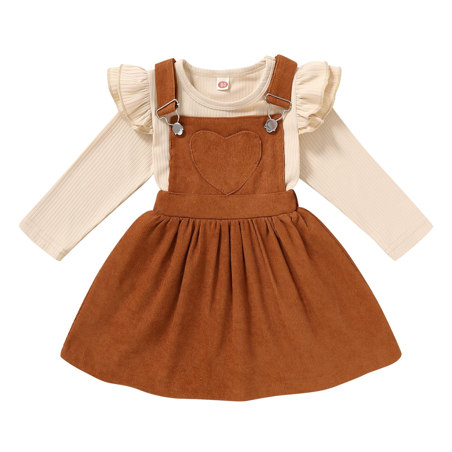 Younger Tree Toddler Baby Girl Fall Outfit Long Sleeve Stripe T-Shirt And Strap Dress Overall With One Pocket Clothes Sets(F3 Br