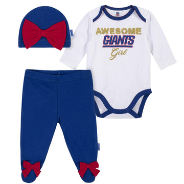 Nfl New York Giants 3 Pack Bodysuit Footed Pant And Cap Registry Gift Set, Whiteblue New York Giants, 3-6M (260043160)